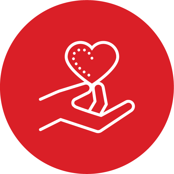 Red circle icon with hand holding a heart icon inside